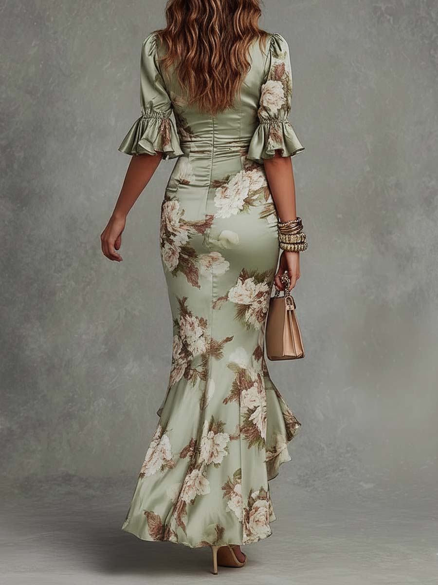 Anna | Long asymmetric green satin dress with a V-neckline