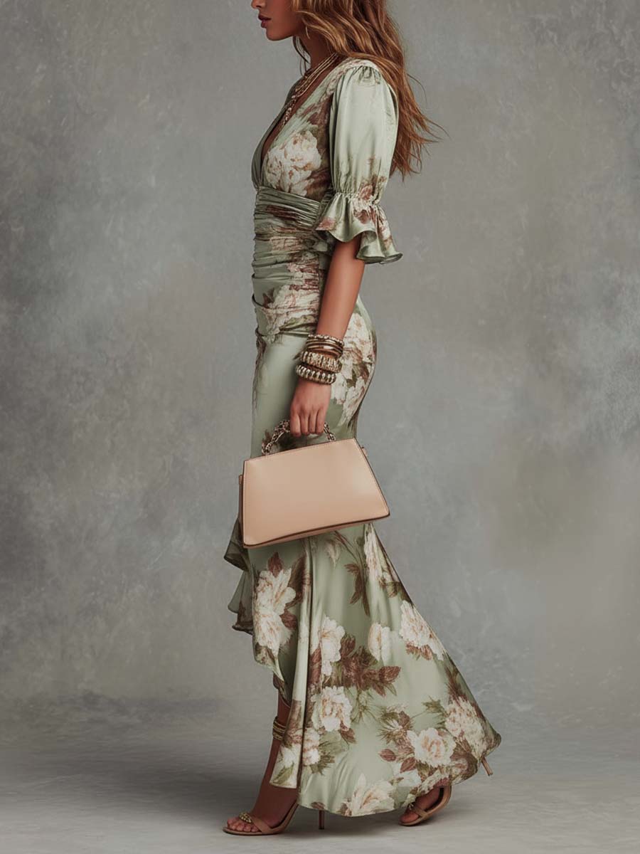 Anna | Long asymmetric green satin dress with a V-neckline